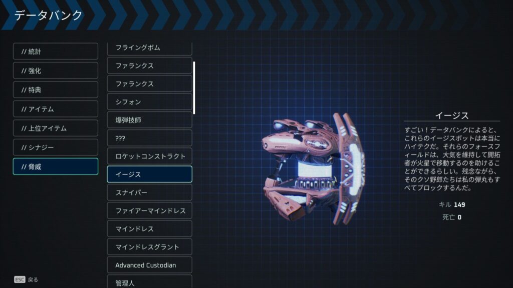 ゾーン1「ピンポイント」で登場するイージスの図鑑画像