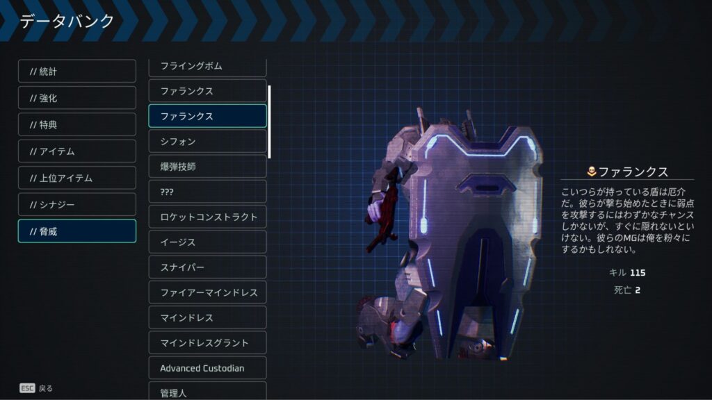ゾーン1「ピンポイント」で登場するファランクスの図鑑画像