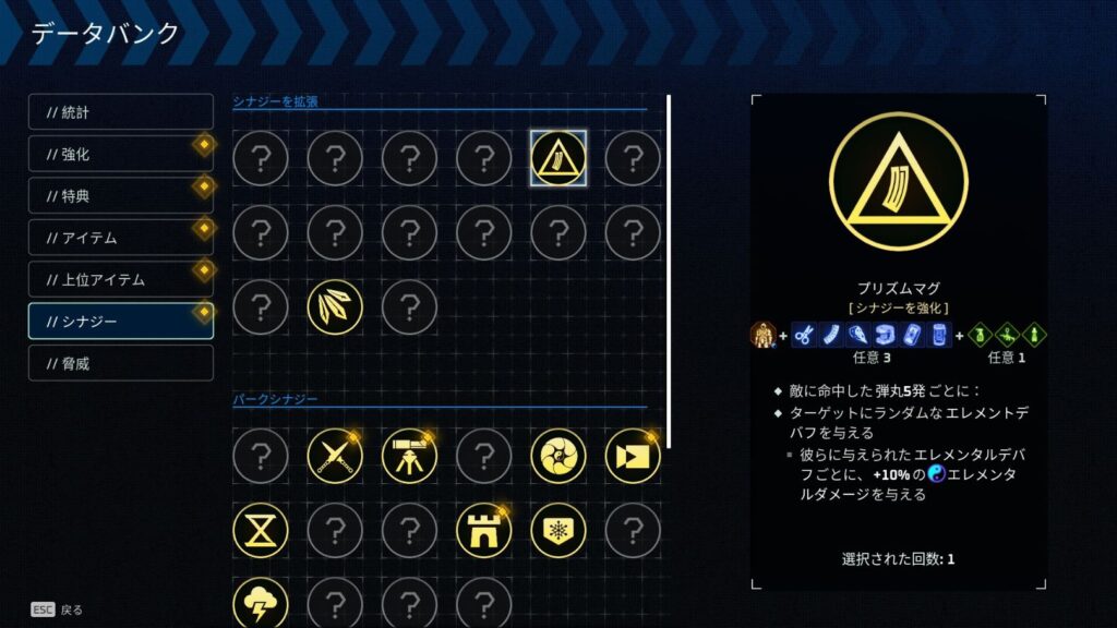 Deadzone: Rogue 1.0.0.11 パッチによるシナジーのUIの変更画面
