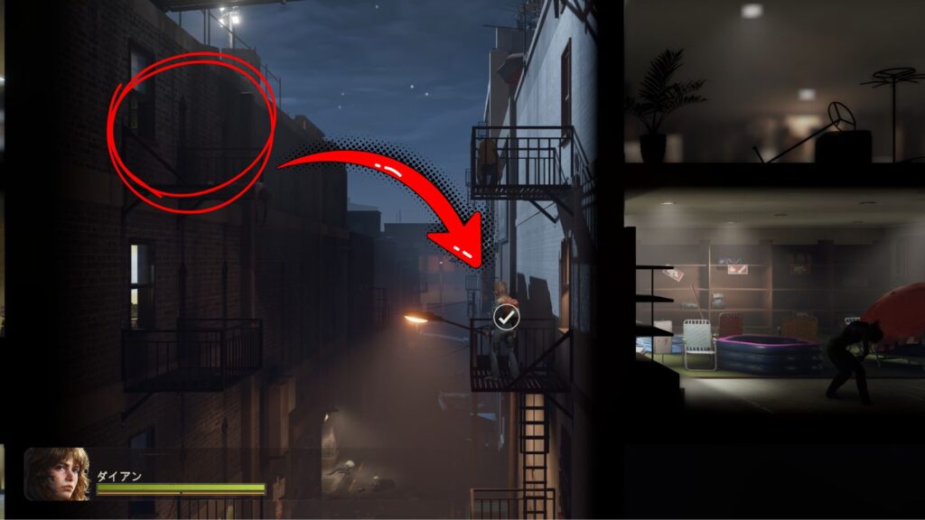 Update 7で実装された86号線。中央のビルから右側のビルへ移動する方法の画像